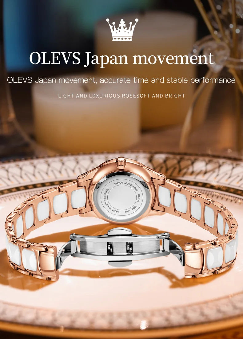 OLEVS 3606 Women's Watch Luxury Quartz Japanese Movement Watch Exquisite Rose Waterproof dial Elegant Ceramic Women's Watch