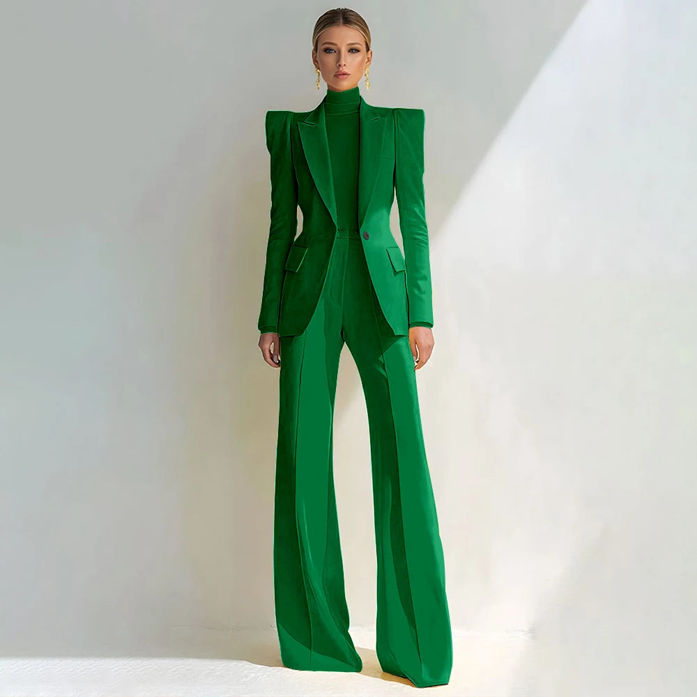 Professional Women's Red Suit Peaked Lapel Single Button Female Elegant Blazer and Flared Pants 2Piece Set Formal Office Wear