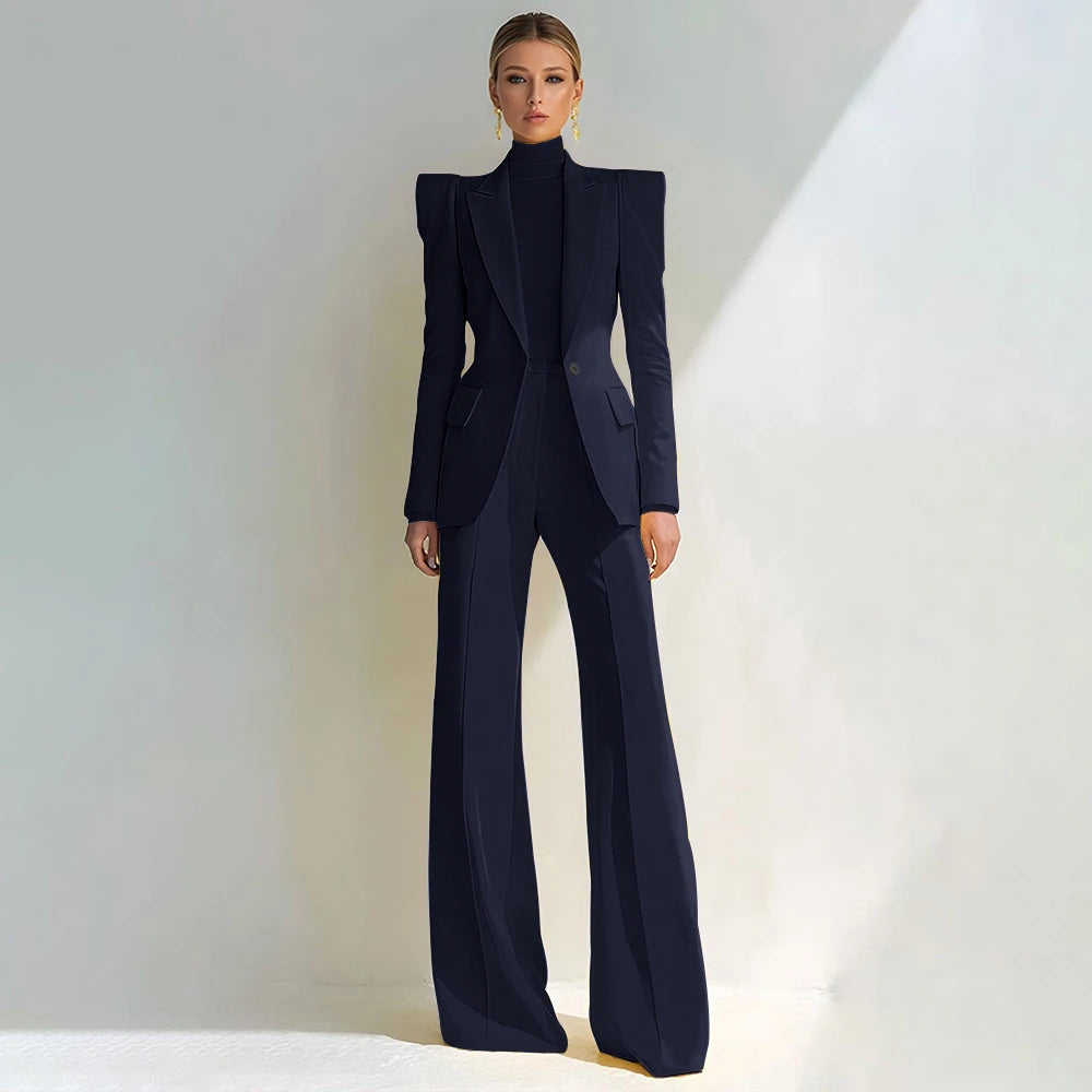 Professional Women's Red Suit Peaked Lapel Single Button Female Elegant Blazer and Flared Pants 2Piece Set Formal Office Wear