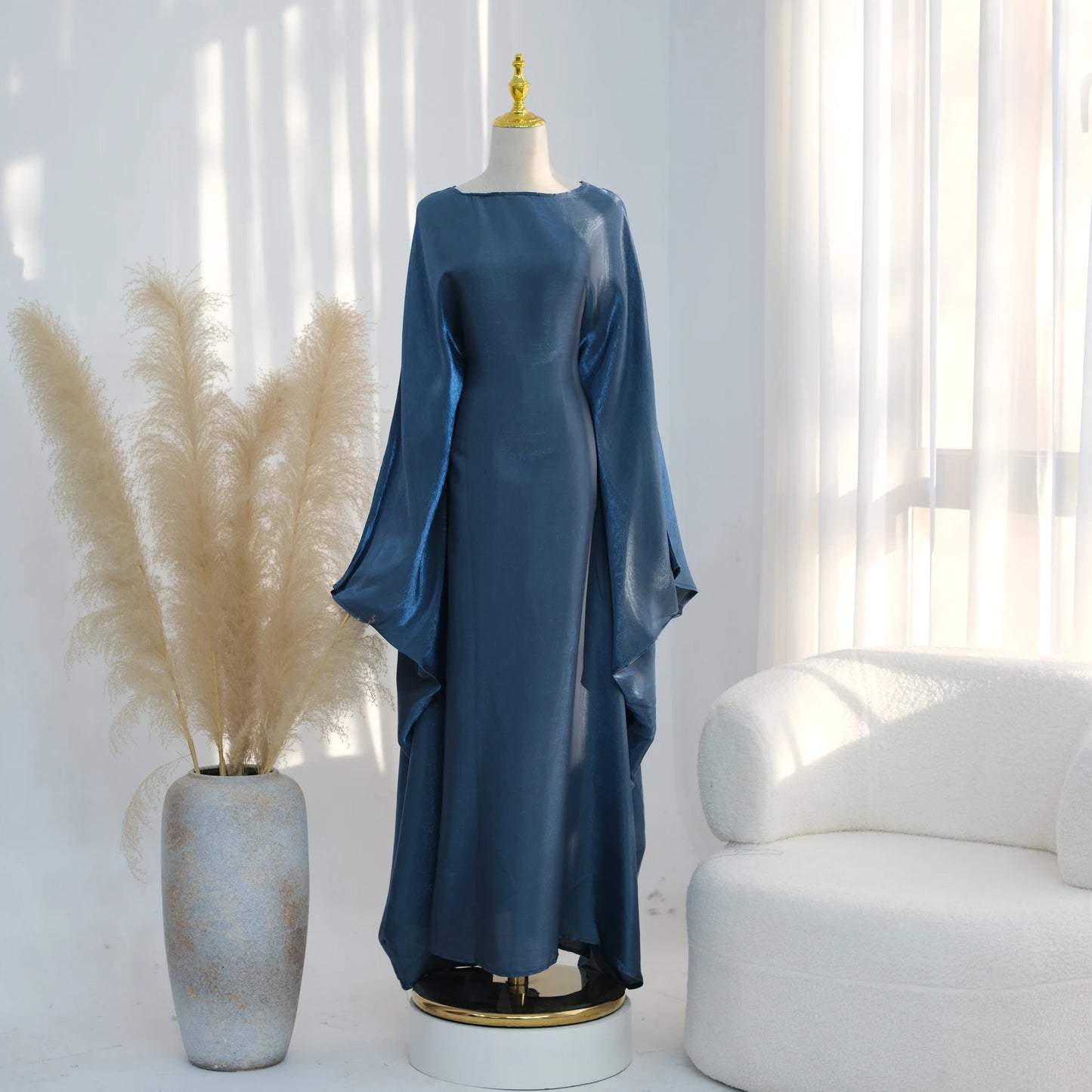 Ramadan Eid Evening Party Shiny Kaftan Dress for Women, Butterfly Sleeves Round Neck Muslim Women Abaya Dubai Islamic Clothing