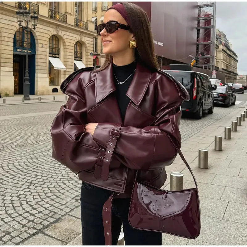 [EWQ] American Vintage Long Sleeve Short PU Leather Jacket Moto Style Burgundy Women Biker Coats 2024 Autumn New Fashion 16O2287