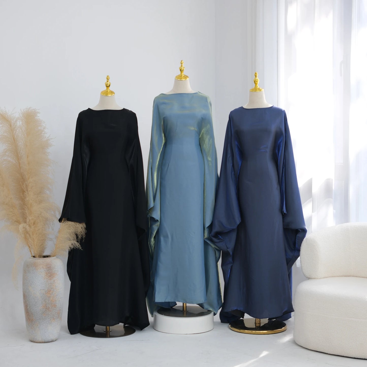 Ramadan Eid Evening Party Shiny Kaftan Dress for Women, Butterfly Sleeves Round Neck Muslim Women Abaya Dubai Islamic Clothing