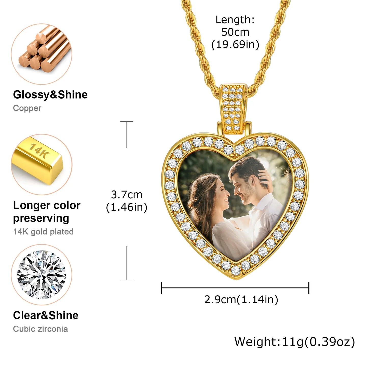 Custom Picture Necklace for Men Women,Hiphop Crystal Zircon Heart Shape Pendant Neckalce,Commemorative Jewelry Gift
