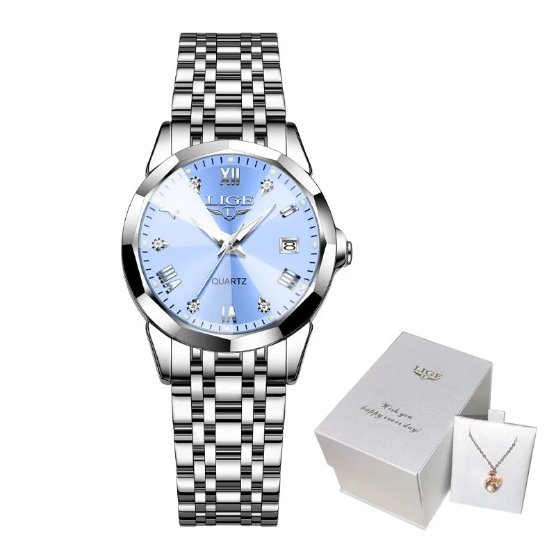 LIGE 2026 Women's Watch Luxury Gift quartz wristwatch Waterproof Calendar Stainless Steel Ladies Luminous Clock montre femme+BOX