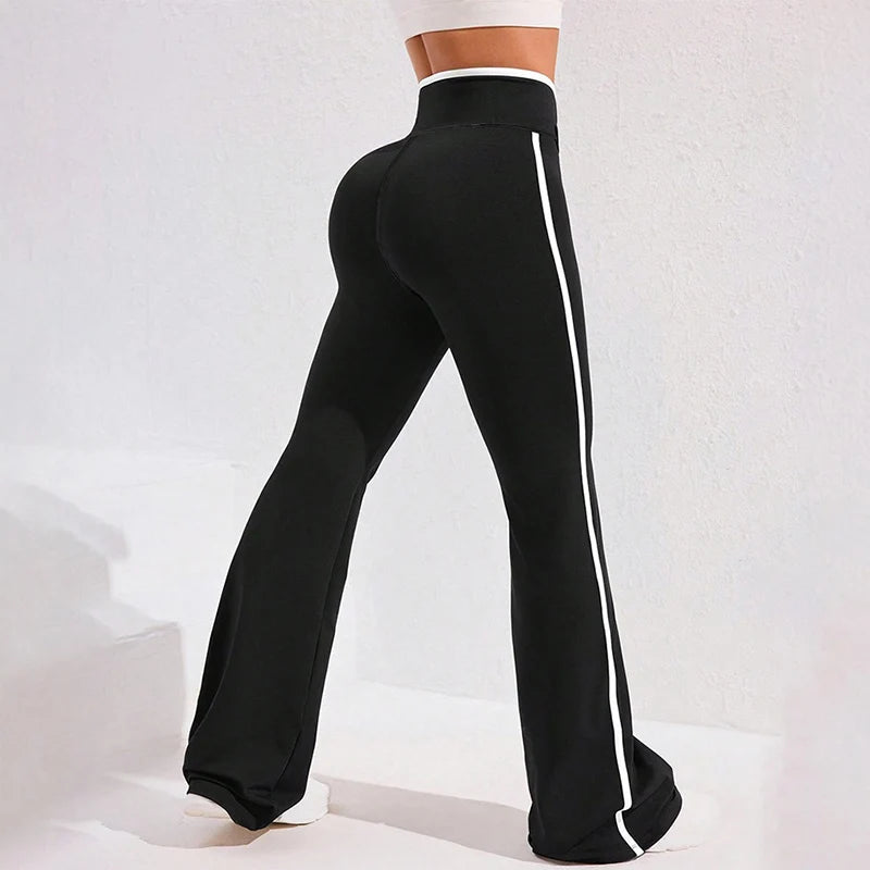 Striped Patchwork Cross Waist Yoga Leggings Women High Stretch Bodycon Flared Pants Woman Gym Fitness Workout Joggers Trousers