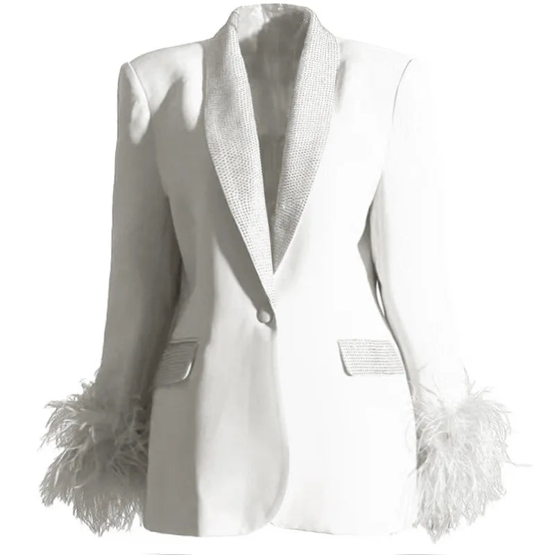 Women's Fashion Sparkle Diamond Blazers Coat Female Streetwear Trend Long Sleeve Casual Spliced Feather Chic Suit Coats