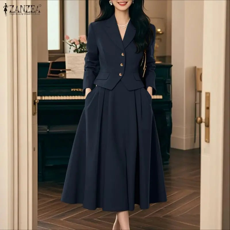 ZANZEA Elegant Women 2 Piece Skirt Suits Peak Lapel Long Sleeve Short Blazer and A-Line Midi Skirt 2pcs Sets 2026 Spring Outfits