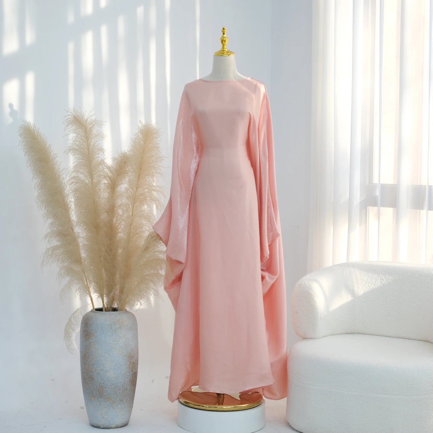 Ramadan Eid Evening Party Shiny Kaftan Dress for Women, Butterfly Sleeves Round Neck Muslim Women Abaya Dubai Islamic Clothing