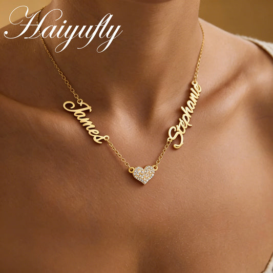 Haiyufly Custom Multiple Names Necklace for Women Stainless Steel Jewelry Zircon Heart Choker Chain Personalized Birthday Gift