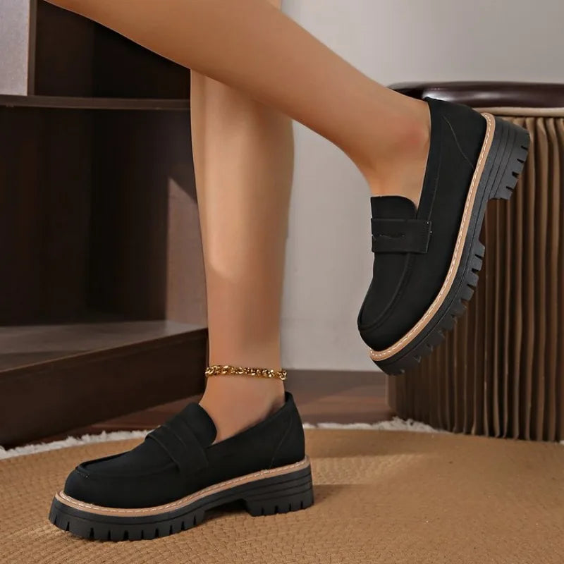 Women Solid Color Platform Loafers Shoes Woman Spring Autumn New British Style Flats Comfortable Thick Heel Slip on Shoes