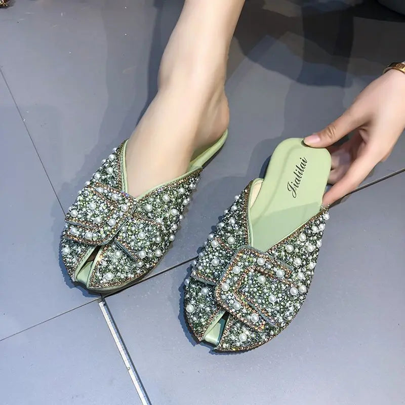 New Summer Women Crystal Slippers 2025 Girls Sweet Bows Bling Slippers Closed Toe Slip On Mules Shoes Casual Slides Flip Flop