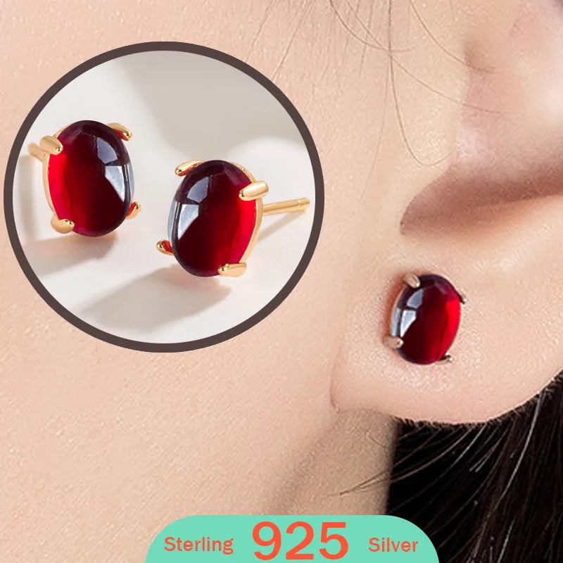Garnet Ruby 925 Sterling Silver Stud Earrings for Women Fashion Oval Red Genuine Natural Statement Gemstone Jewelry 2026