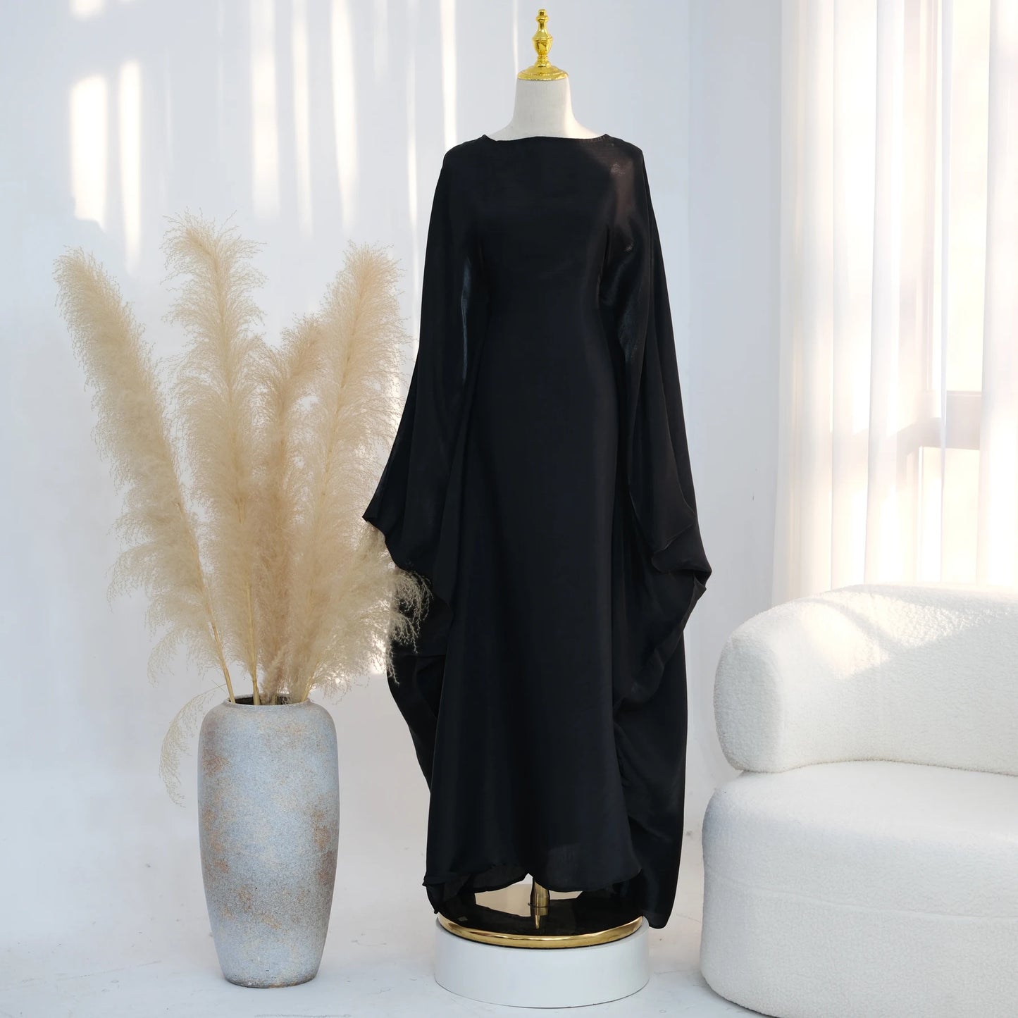 Ramadan Eid Evening Party Shiny Kaftan Dress for Women, Butterfly Sleeves Round Neck Muslim Women Abaya Dubai Islamic Clothing