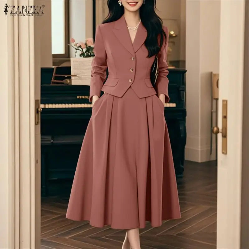 ZANZEA Elegant Women 2 Piece Skirt Suits Peak Lapel Long Sleeve Short Blazer and A-Line Midi Skirt 2pcs Sets 2026 Spring Outfits