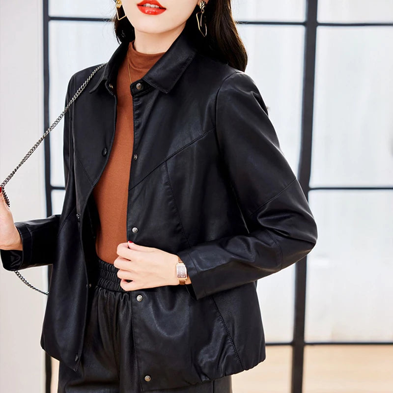 Korean Temperament Faux Leather Jacket Women Spring Autumn Thin Soft Leather Coat Woman Office Lady Single Breasted Lapel Jacket