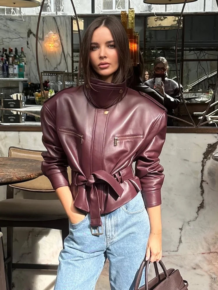 Burgundy Lace-Up Leather Jacket | Faeva London