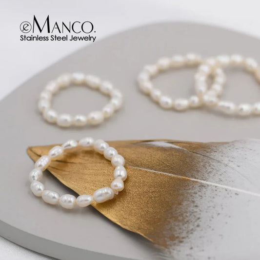 eManco Delicate Minimalist Imitation Pearl Ring Gold Color Beads Stainless Steel for Women Daily Wear & Dating Jewelry