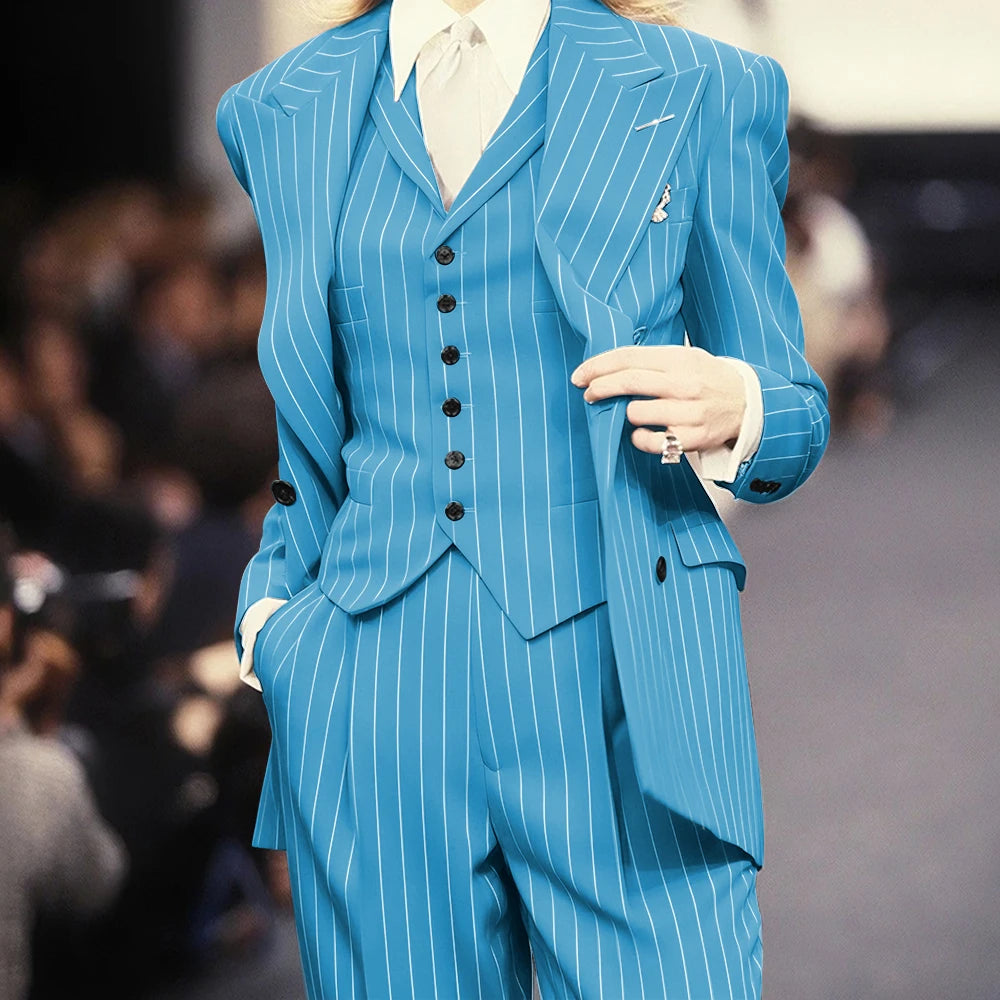Trending 2025 Brown Striped Women Suit Formal Double-breasted Peaked Lapel 3Pieces (Jacket+Pants+Vest) Business Office Lady Set