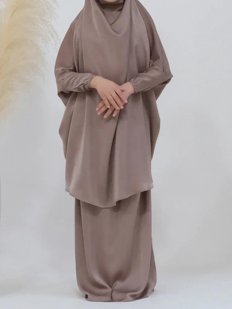 Eid Muslim Long Khimar Dress Kids Girls Abaya Long Khimar Set Prayer Garment Ramadan Dresses 2 Piece Jubha Robe Caftan Jilbab