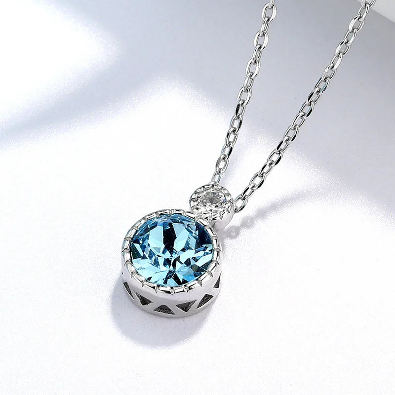 New 925 Sterling Silver Blue Round Necklace Simple Charm Geometric Shape Choker Birthday Gift Women's Fine Jewelry