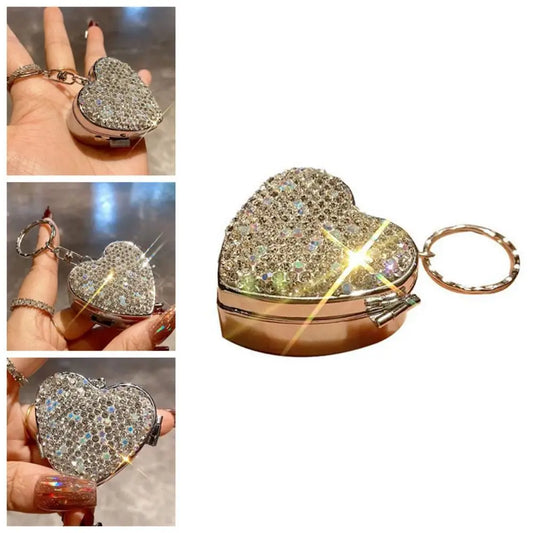 Shiny Rhinestone Mini Metal Pill Box Portable Blingbling Travel Pill Organizer Heart Shape Moisture-proof Medicine Storage Box