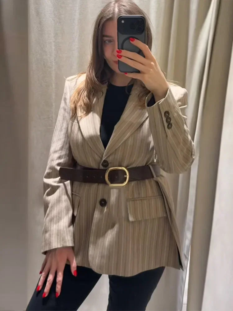 Women's Striped Blazer Belted Single Breasted Long Sleeve Lapel Neck Coat 2026 Female Casual Daily Commute Office Fashion Jacket