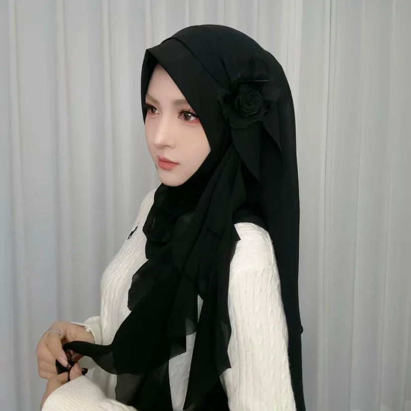 Rose Applique Design Chiffon Muslim Autumn New Female Wraps Hijab