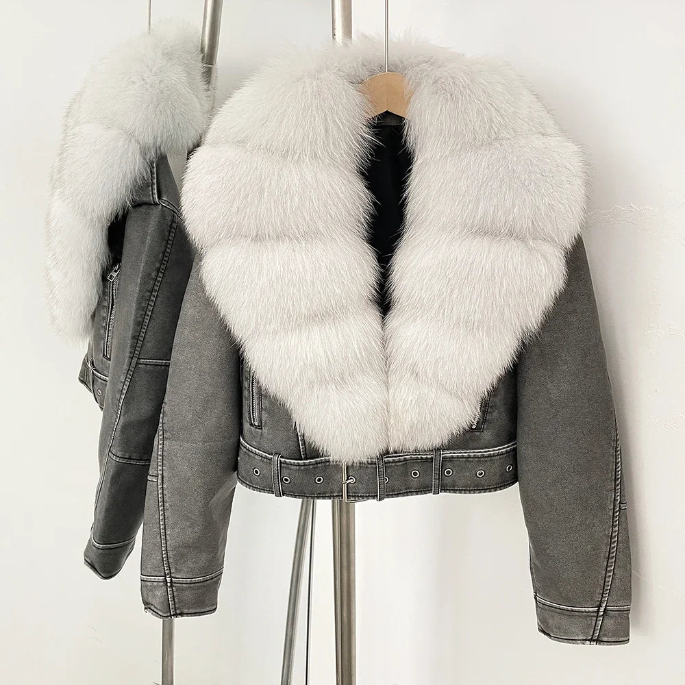 Natural Fox Fur Real Fur Coat Faux PU Leather Jacket Female New Autumn Short Top Clothing Women Long Sleeve Fake Leather Coat