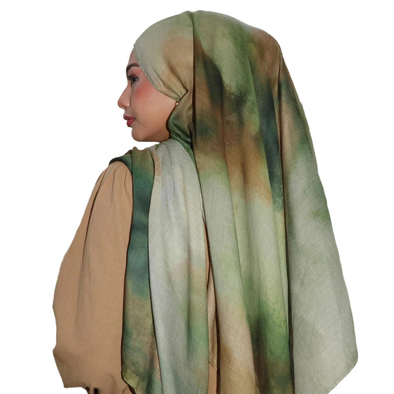Gradient Green Watercolour Floral Printed Modal Breathable Light Weight Soft Cotton Rayon Viscose Woven Modal Muslim Women Shawl