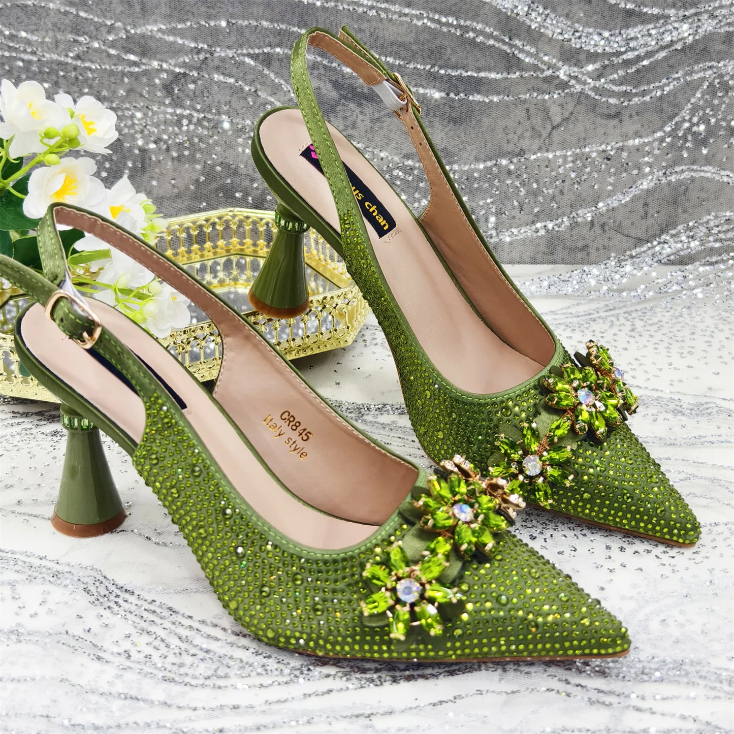 Venus Chan Olive-Green Pointed-Toe Women's High Heels Shoes and Bags for Party Rhinestone Evening Elegant Luxury Handbag