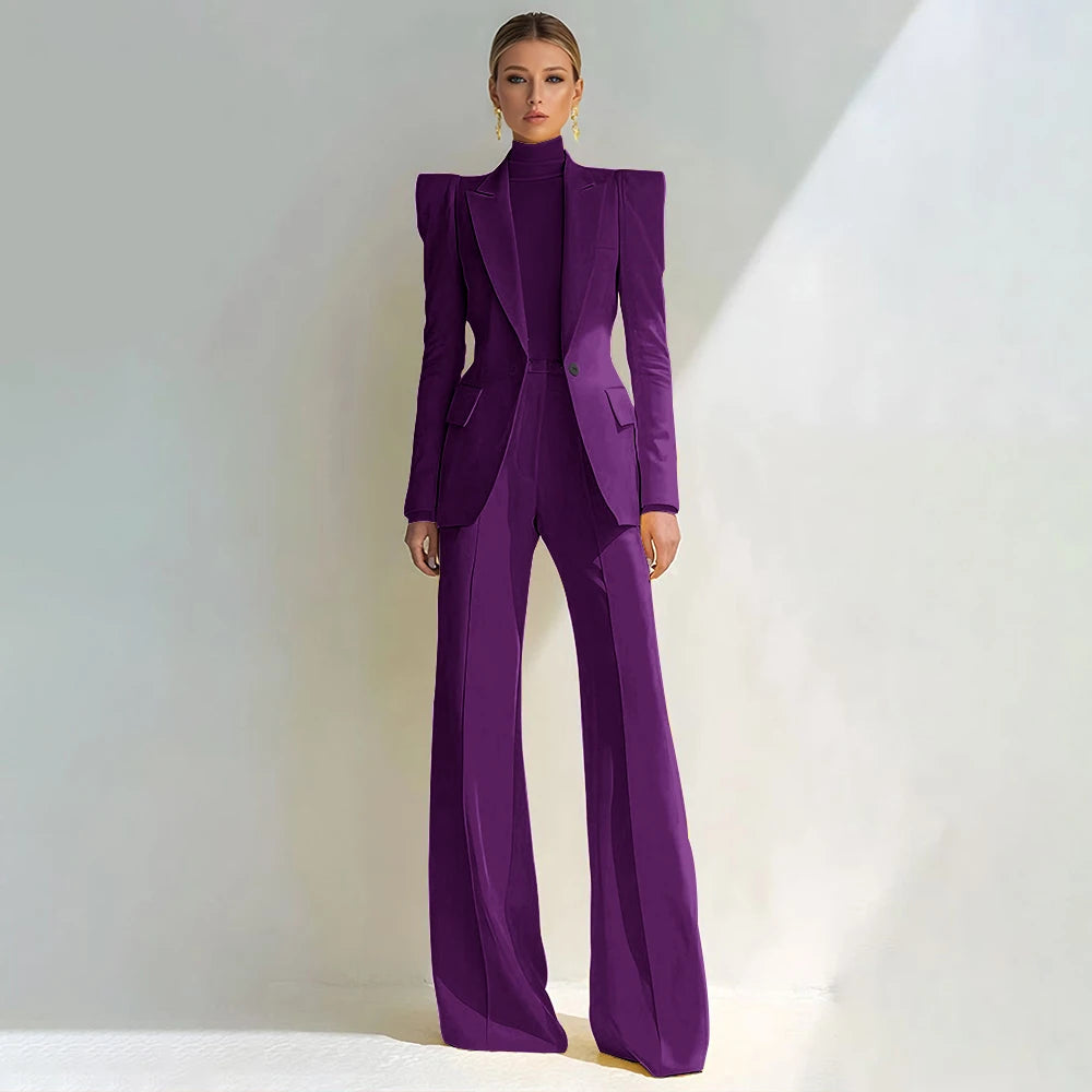 Professional Women's Red Suit Peaked Lapel Single Button Female Elegant Blazer and Flared Pants 2Piece Set Formal Office Wear