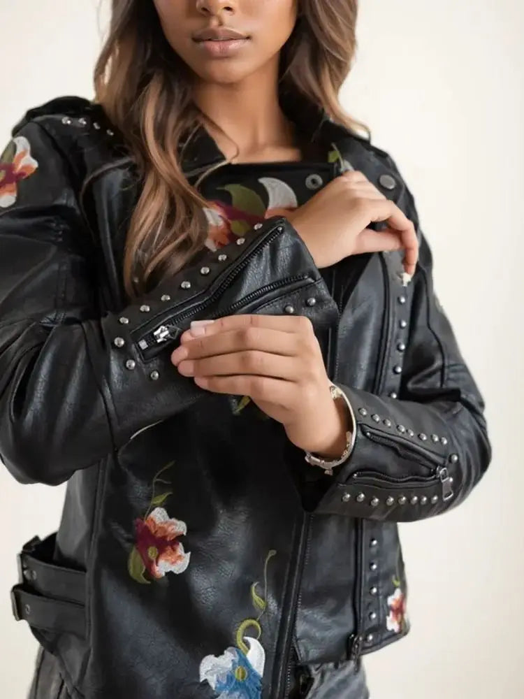 Women's Floral Print Embroidery Faux Leather Jacket  | Faeva London