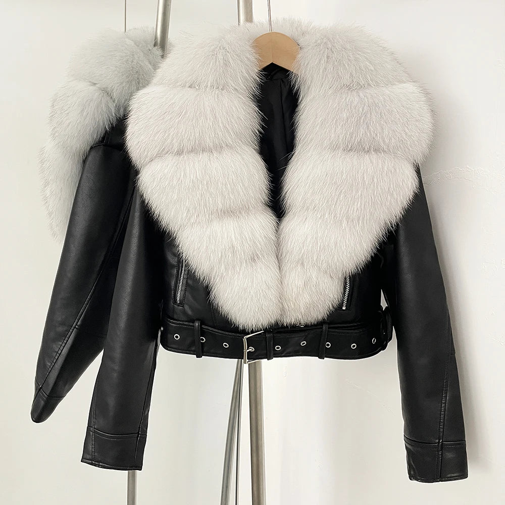 Natural Fox Fur Real Fur Coat Faux PU Leather Jacket Female New Autumn Short Top Clothing Women Long Sleeve Fake Leather Coat