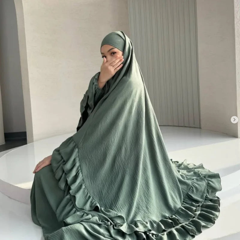 Eid Women Prayer Garment Dress 2 Piece Set Long Khimar Muslim Abaya Dubai Party Dresses Kaftan Robe Longue Vestidos Largos