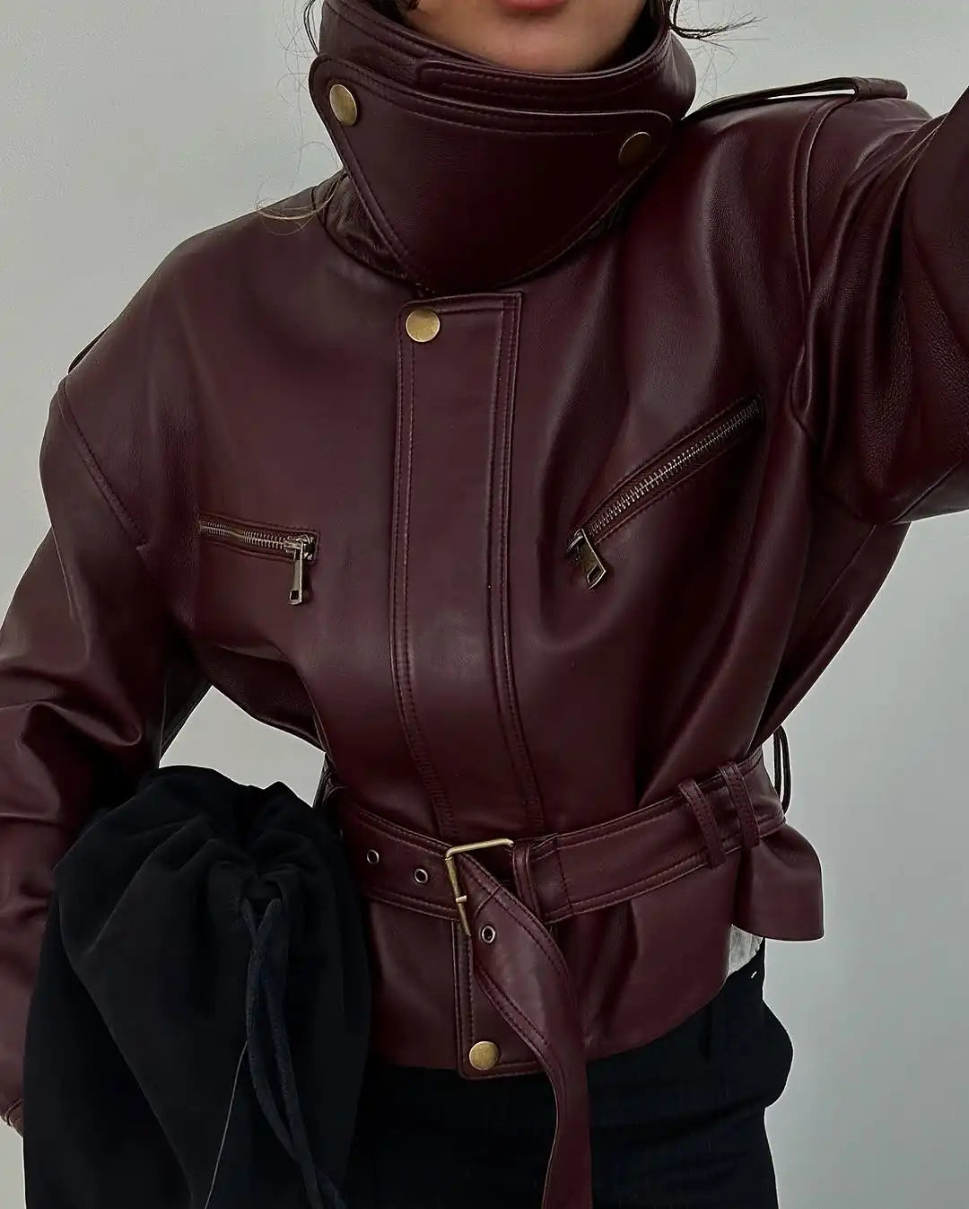 Burgundy Lace-Up Leather Jacket | Faeva London