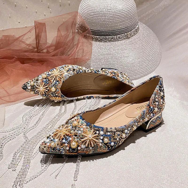 Pointed Toe High Heels for Women 2025 New Ladies Retro Style Rhinestone Decorate Party Dress Pumps Plus Size 34-43 Zapatos Mujer