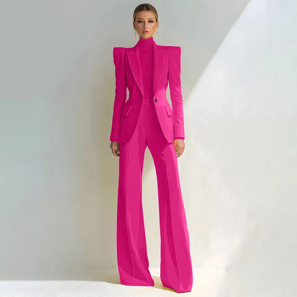 Professional Women's Red Suit Peaked Lapel Single Button Female Elegant Blazer and Flared Pants 2Piece Set Formal Office Wear