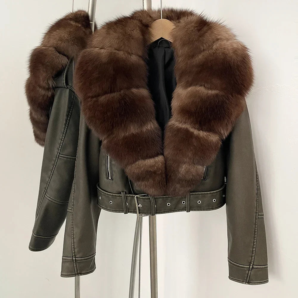 Natural Fox Fur Real Fur Coat Faux PU Leather Jacket Female New Autumn Short Top Clothing Women Long Sleeve Fake Leather Coat