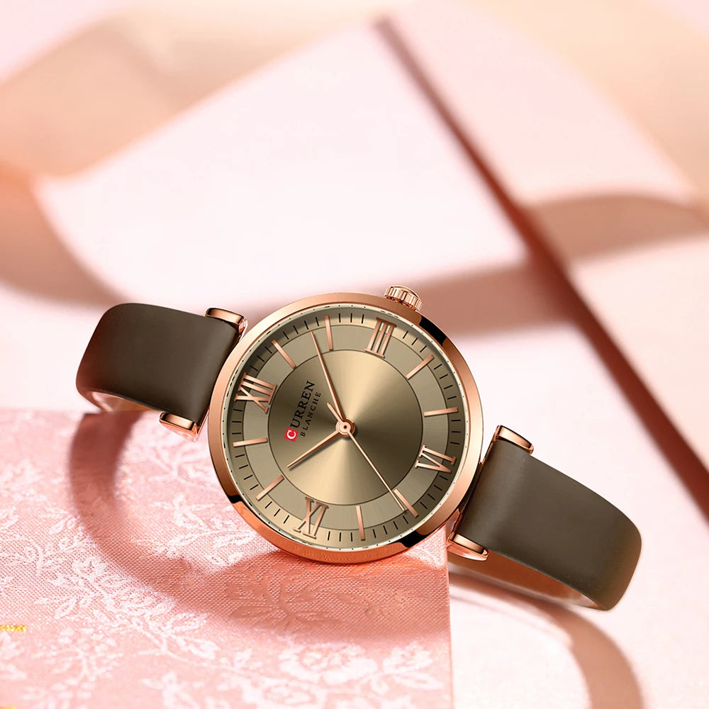 CURREN Luxury Women's Watch Stylish Leather Strap  Quartz Movement Casual Elegant Ladies Wristwatch Fashionable Design with Box