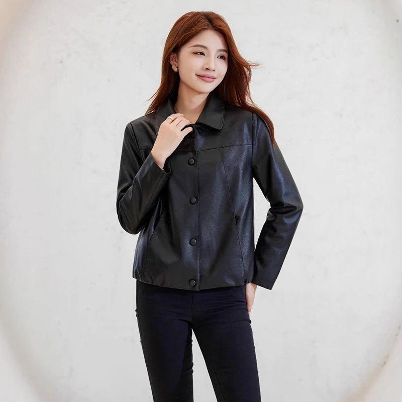 Korean Temperament Faux Leather Jacket Women Spring Autumn Thin Soft Leather Coat Woman Office Lady Single Breasted Lapel Jacket