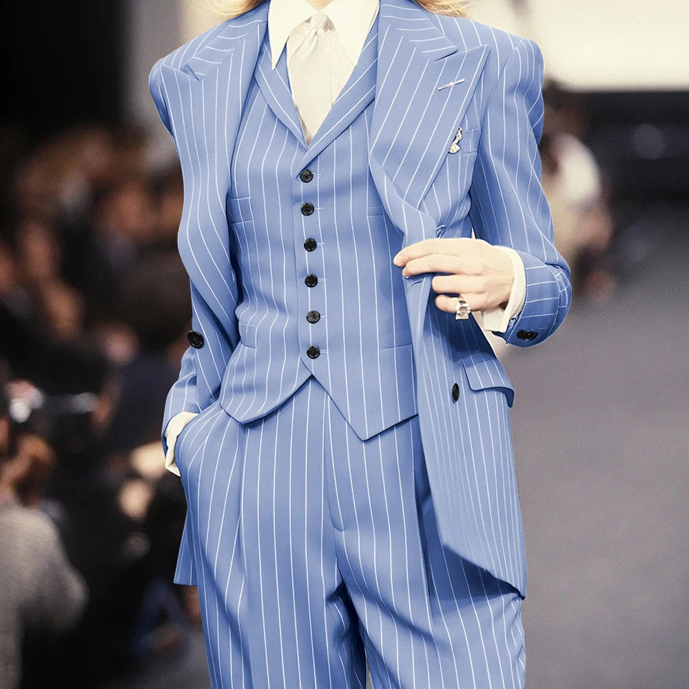 Trending 2025 Brown Striped Women Suit Formal Double-breasted Peaked Lapel 3Pieces (Jacket+Pants+Vest) Business Office Lady Set