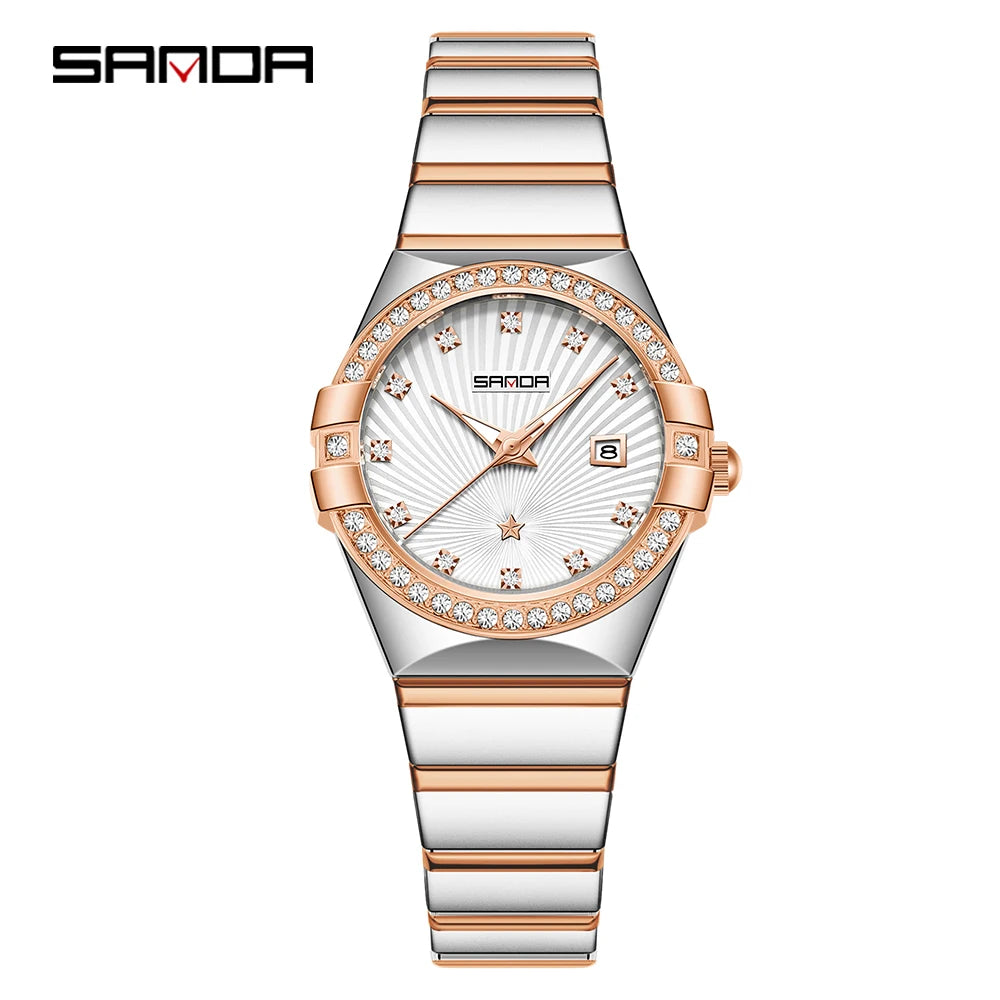 SANDA1147 Luxury Women's Quartz Watch with Mother of Bell Dial and Diamond studded Steel Strip 3ATM Waterproof Fashion Watch -1
