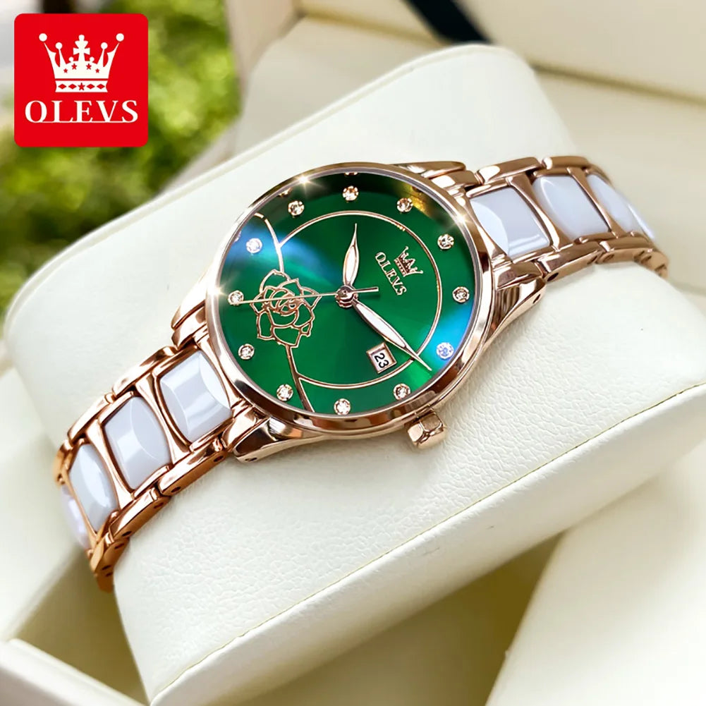 OLEVS 3606 Women's Watch Luxury Quartz Japanese Movement Watch Exquisite Rose Waterproof dial Elegant Ceramic Women's Watch