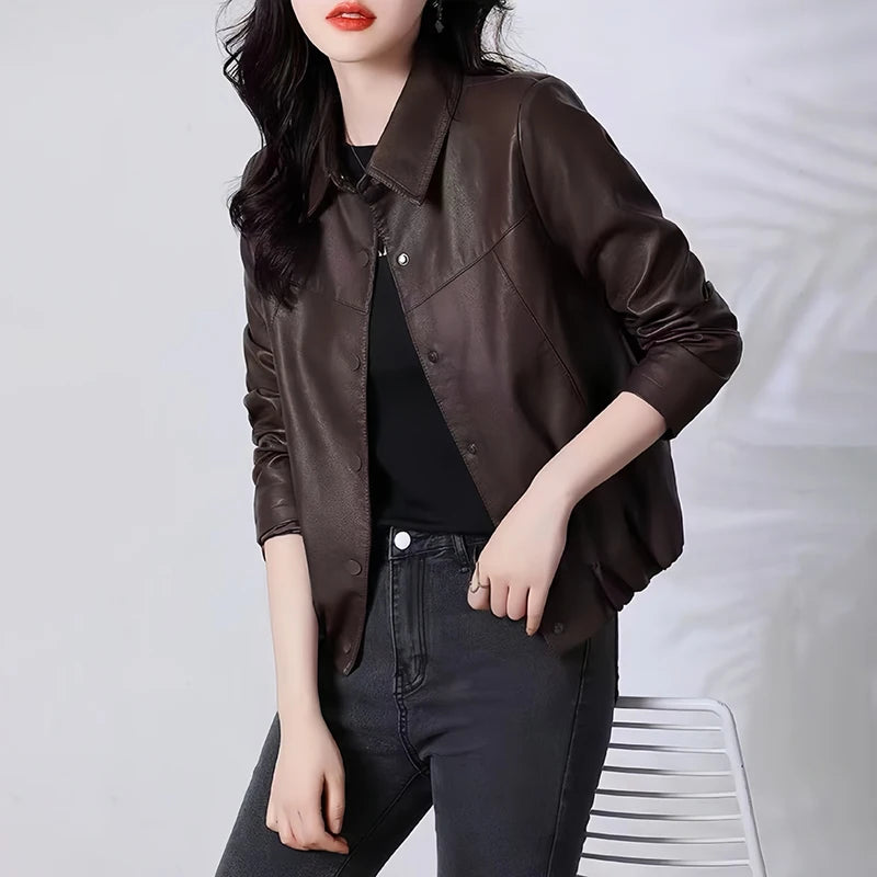 Korean Temperament Faux Leather Jacket Women Spring Autumn Thin Soft Leather Coat Woman Office Lady Single Breasted Lapel Jacket