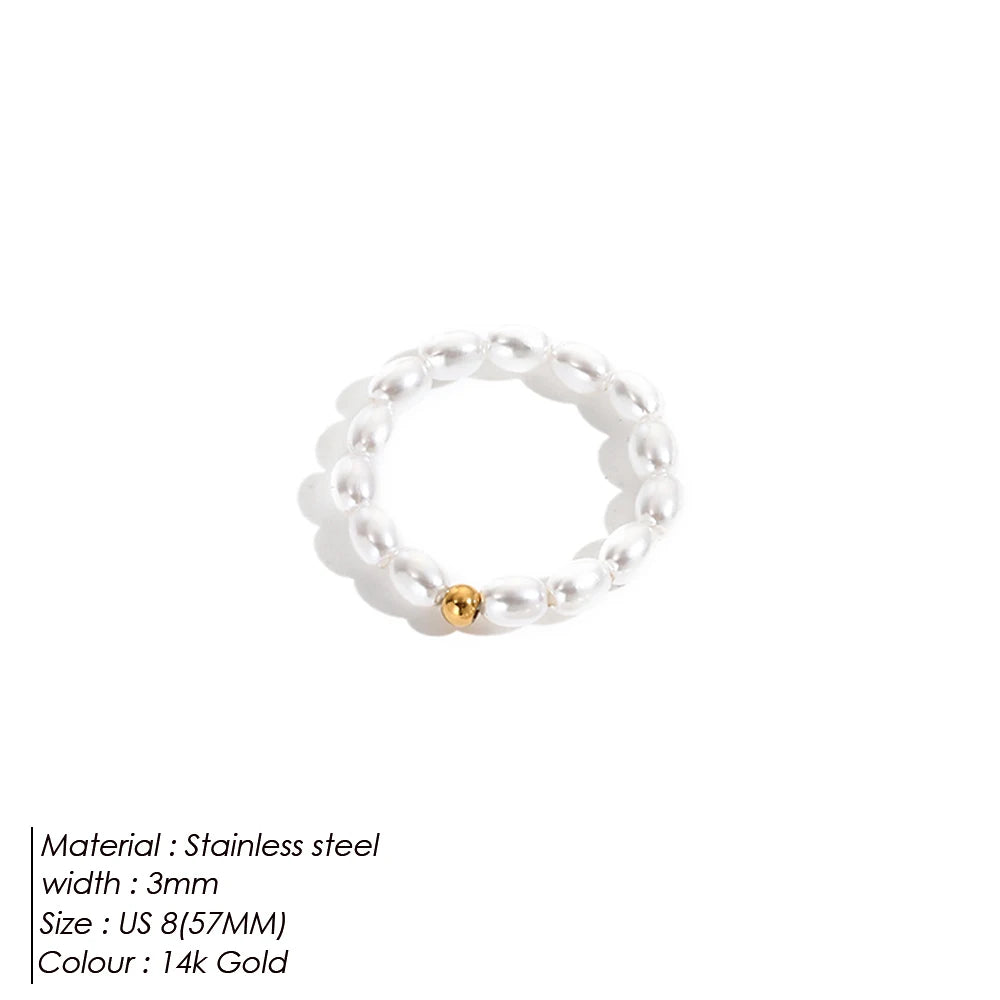 eManco Delicate Minimalist Imitation Pearl Ring Gold Color Beads Stainless Steel for Women Daily Wear & Dating Jewelry