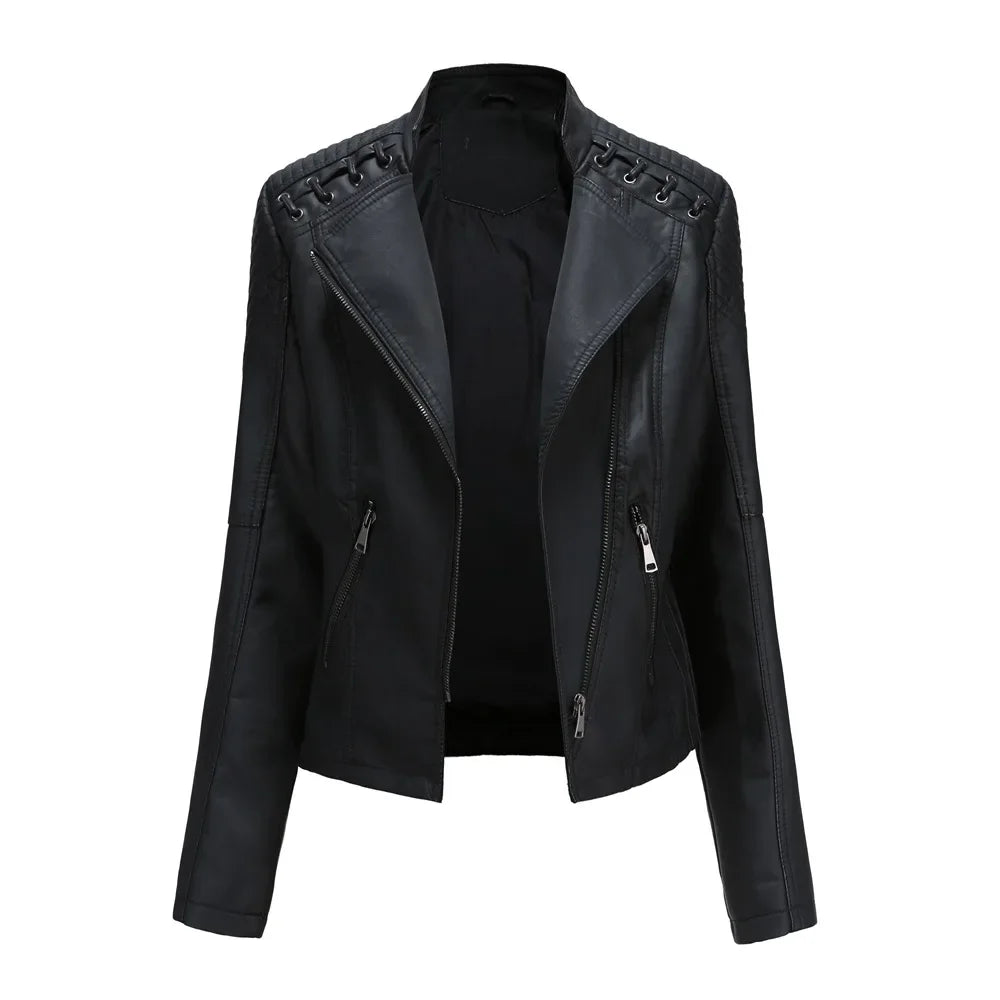Spring Autumn Short Section Long Sleeve Zipper Jacket Slim Faux Leather Jacket Casual Solid Color Fashion Jacket Loose Outwear