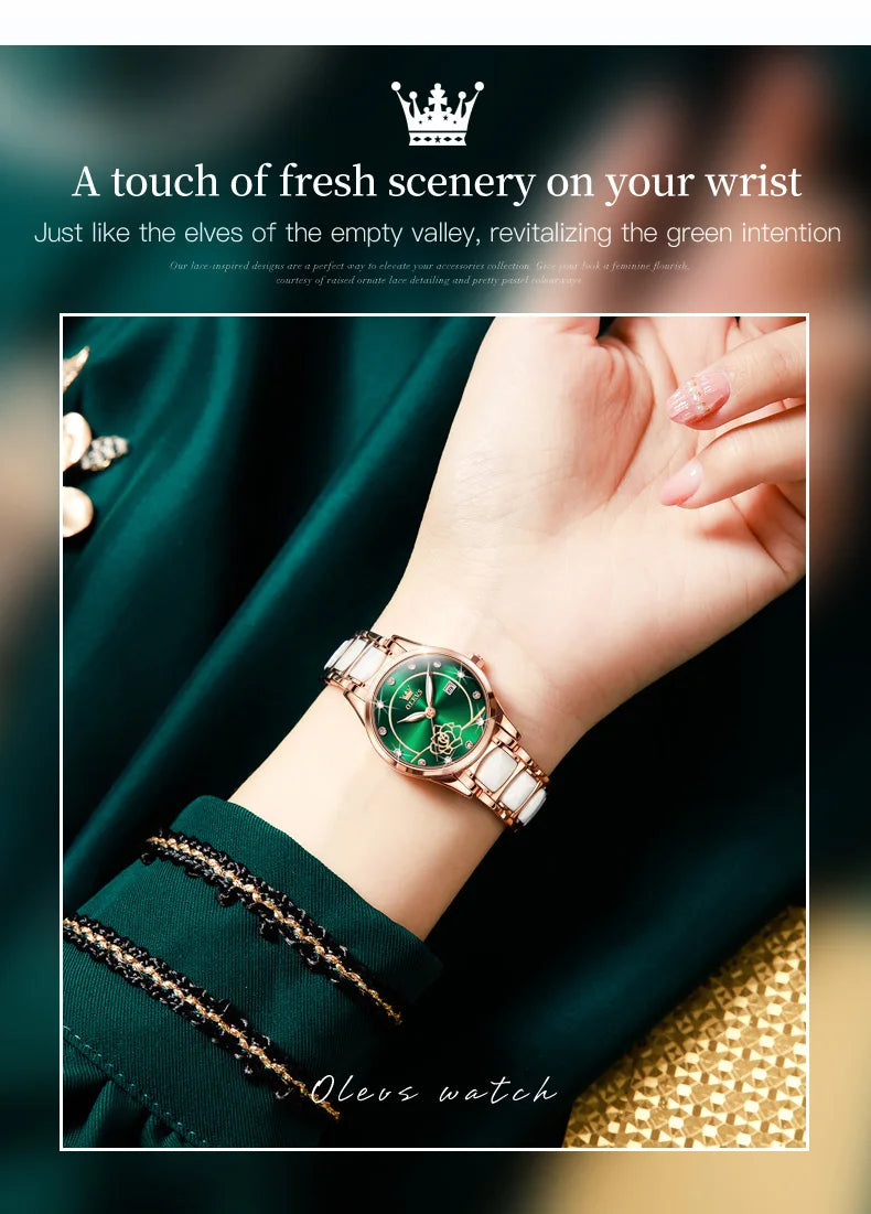 OLEVS 3606 Women's Watch Luxury Quartz Japanese Movement Watch Exquisite Rose Waterproof dial Elegant Ceramic Women's Watch