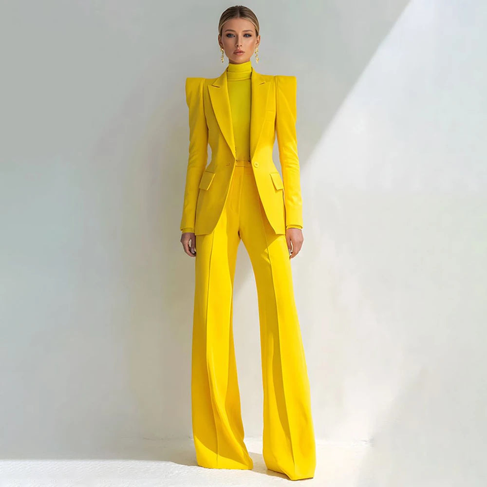 Professional Women's Red Suit Peaked Lapel Single Button Female Elegant Blazer and Flared Pants 2Piece Set Formal Office Wear