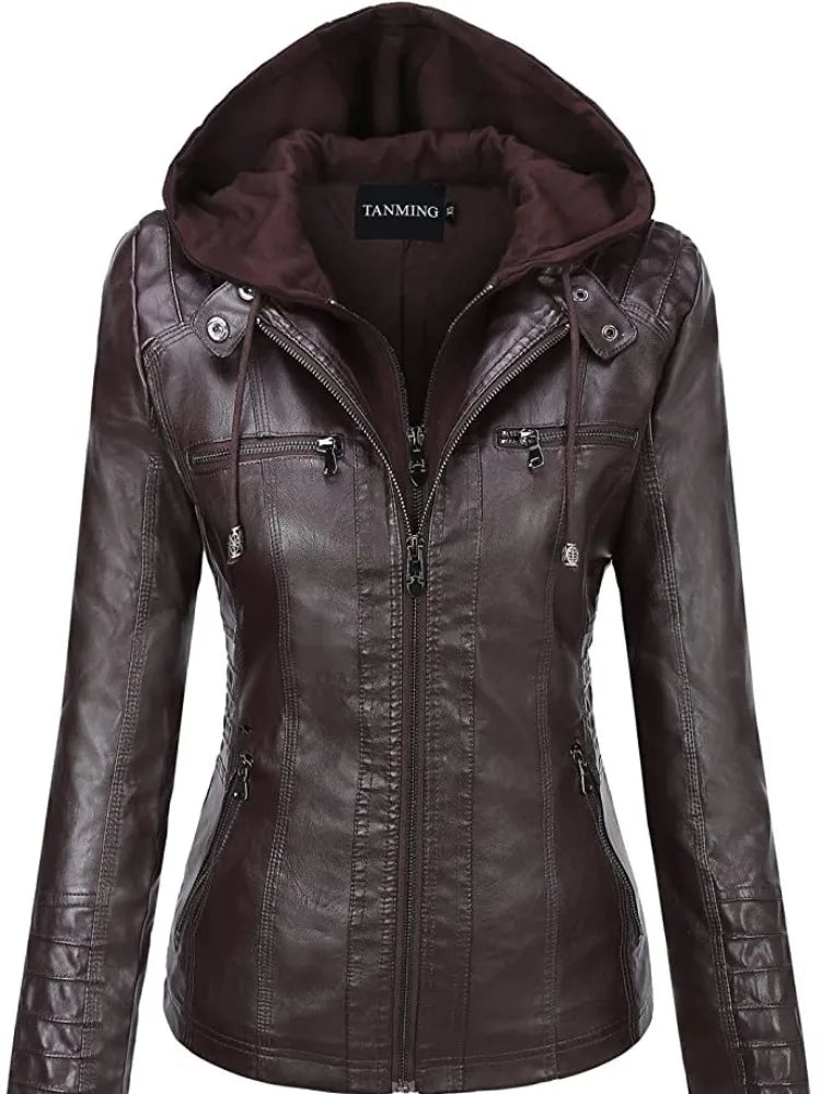 Hooded Leather Jacket Two-Piece Set Removable Large Size Leather Jacket for Women Spring & Fall Outwear for Women Pu Washed Leather