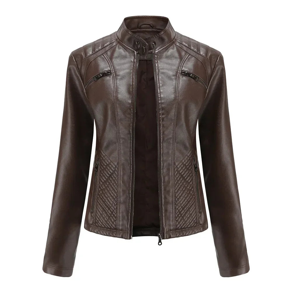 Women coat Autumn New Casual Leather Jacket Standing Collar Long Sleeve Jacket Slim Solid Color Coat Streetwear Zipper Jacket